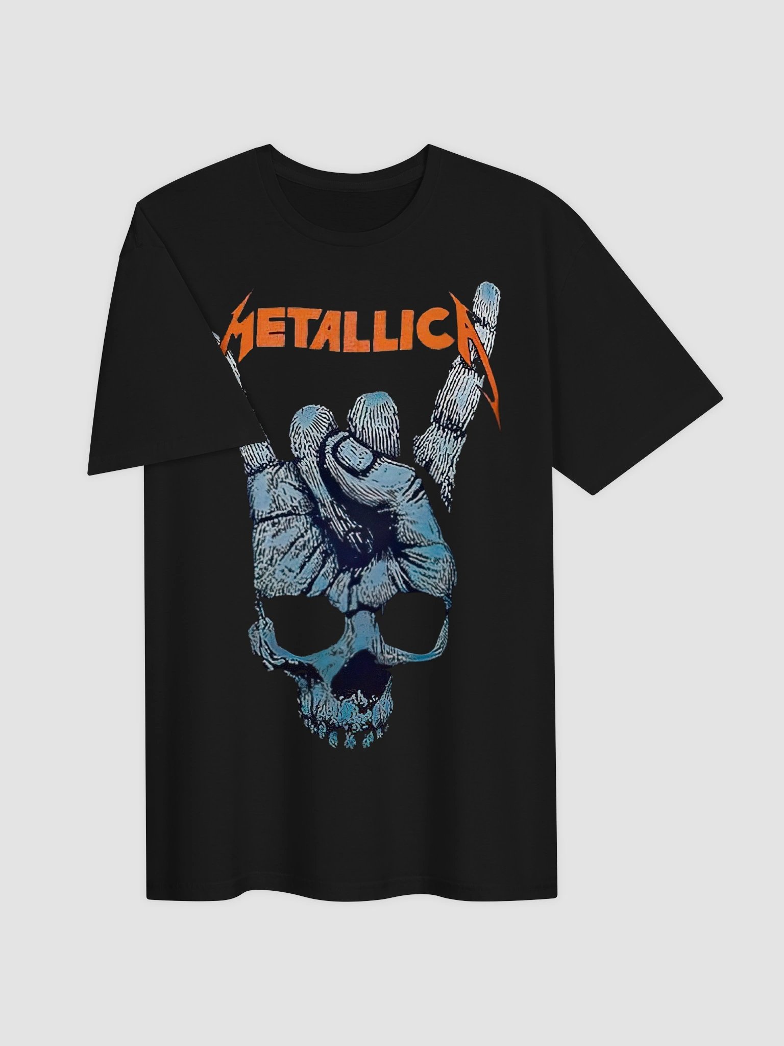 Metallica Devil Horns Skull T-Shirt | Blue Skull Dark Art Graphic Tee | Heavy Metal Hand Sign Orange Logo Collector Band Shirt product image (3)