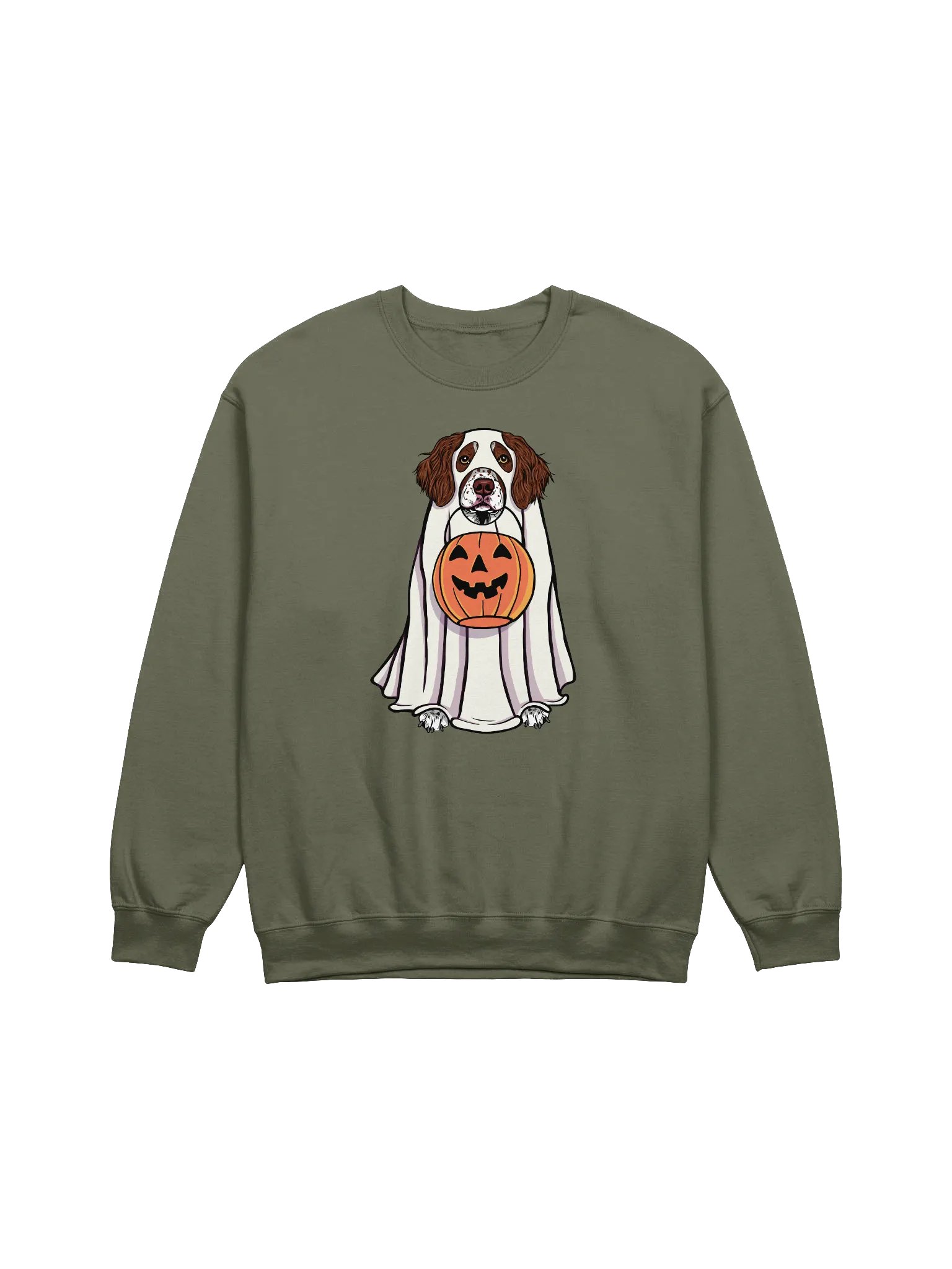 Funny Halloween Brittany Spaniel(Liver) Sweatshirt | Funny Brittany Spaniel Wearing a Ghost Costume and Holding a Pumpkin Basket product image (1)