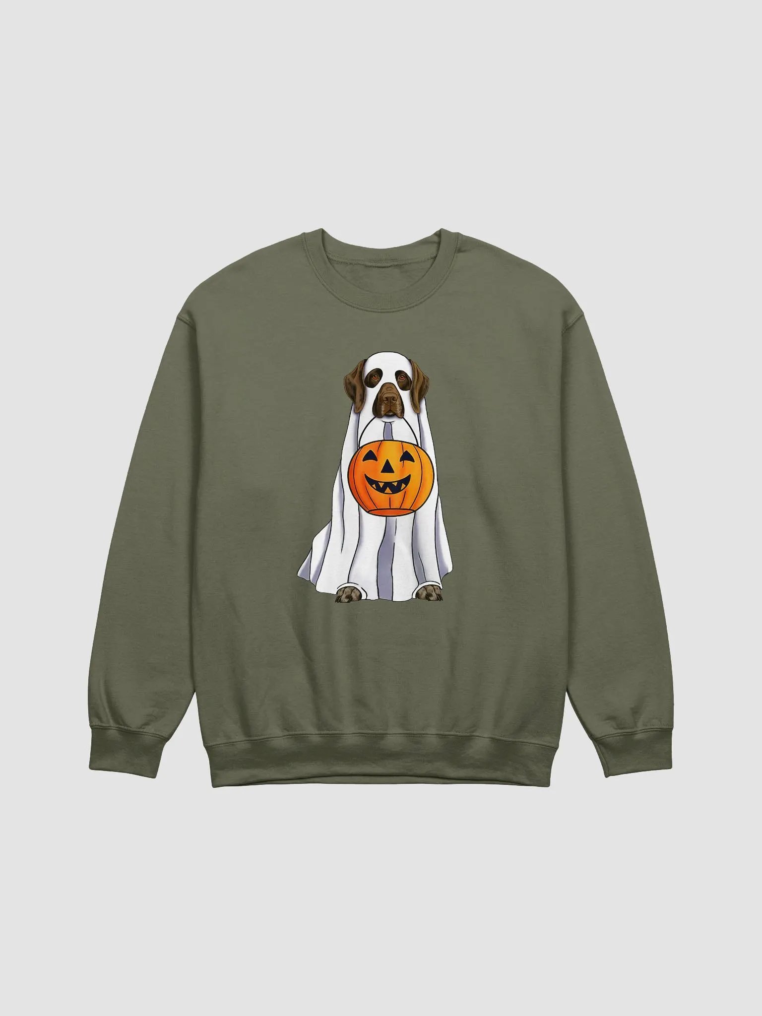 German Shorthaired Pointer (2) Halloween Sweatshirt | Funny Halloween GSP Wearing a Ghost Costume with Pumpkin Basket product image (1)