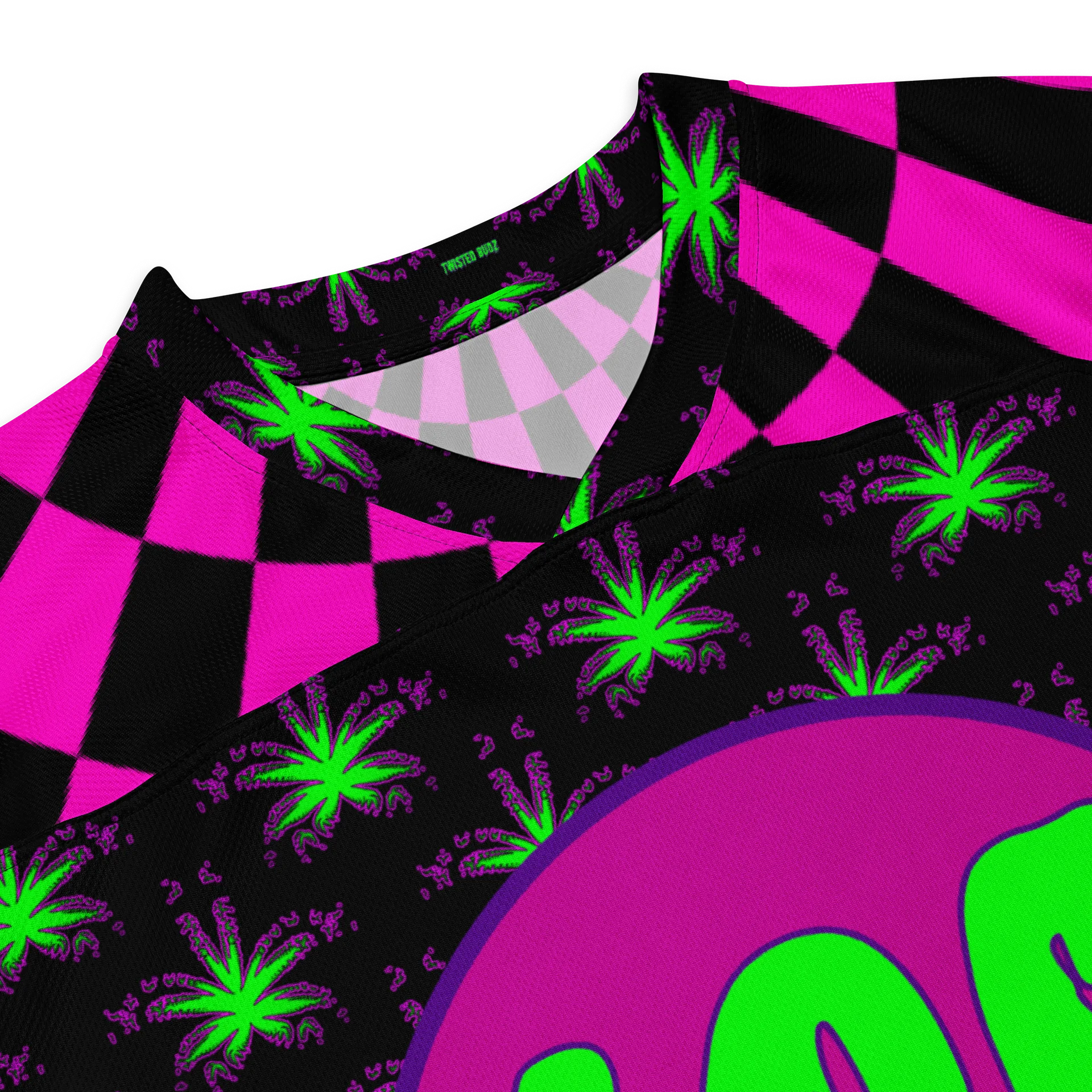 Twisted 420 Weed Rave Hockey Jersey, Psychedelic Spiral EDM Festival Shirt, Pot Leaf Trippy Techno Top, Neon Green Pink Cannabis Clothing product image (8)