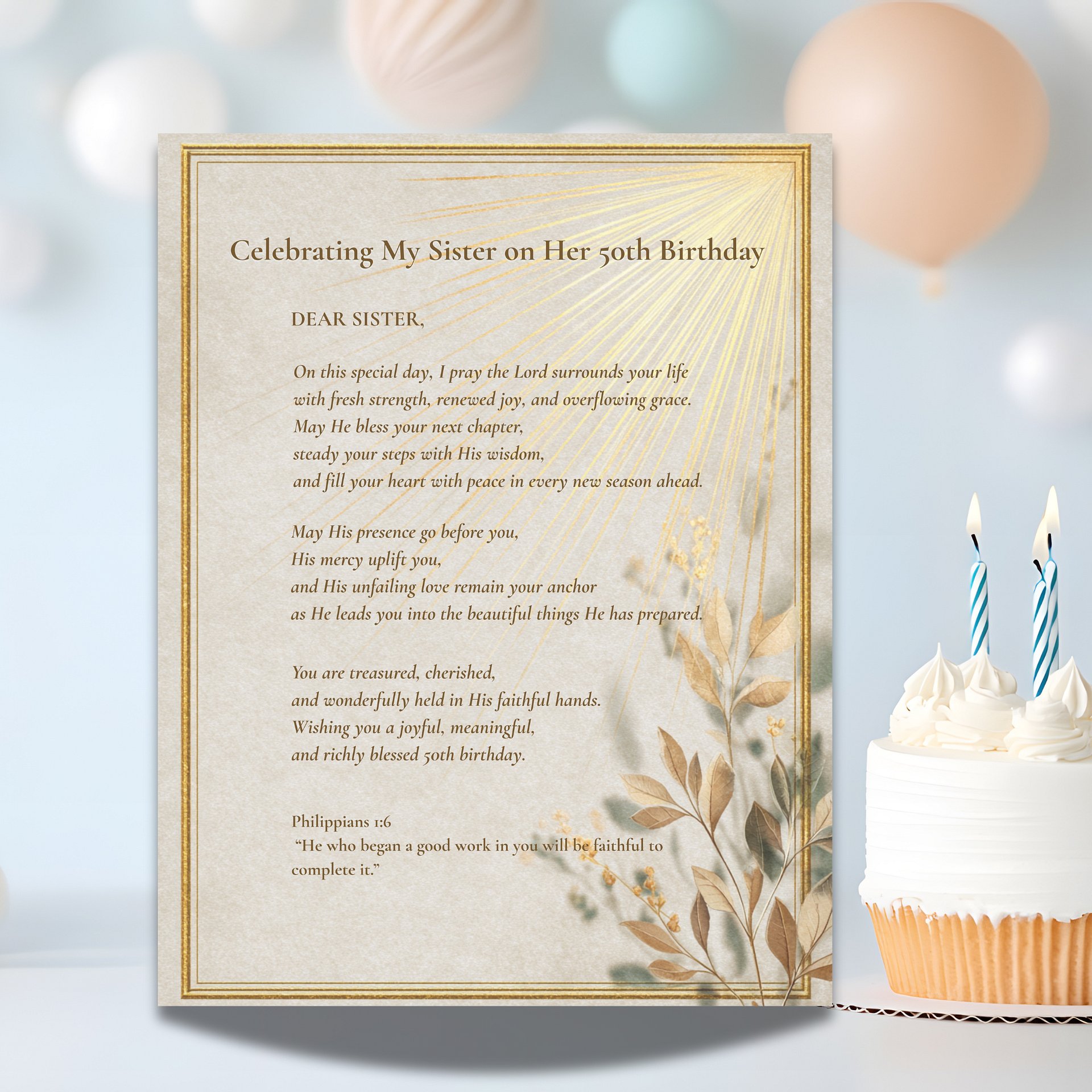 50th Birthday Card for Sister • Christian blessing Printable Milestone Scripture Card product image (2)