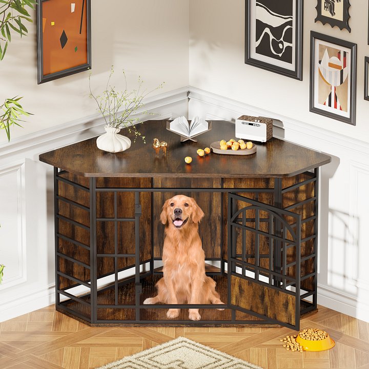 52 inch Corner Dog Crate Wooden Large Dog Kennel Indoor, Large Indoor Dog Crate Decorative Pet House for Medium Large Dogs Vintage Brown product image (1)
