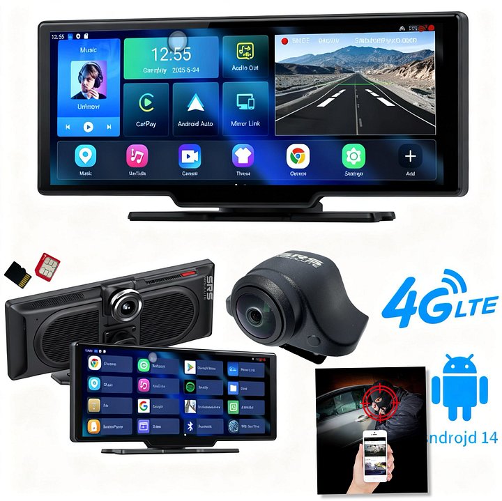 SRS ABSOLUTE dual 4G Dash Cam 8GB RAM Android14 ADAS Wireless CarPlay GPS+Live Video Bluetooth WIFI HotSpot 1TB MicroSD Supp Map-Apps-PlayStore-MultiTask Steering Control Split Screen-Gen4 product image (1)
