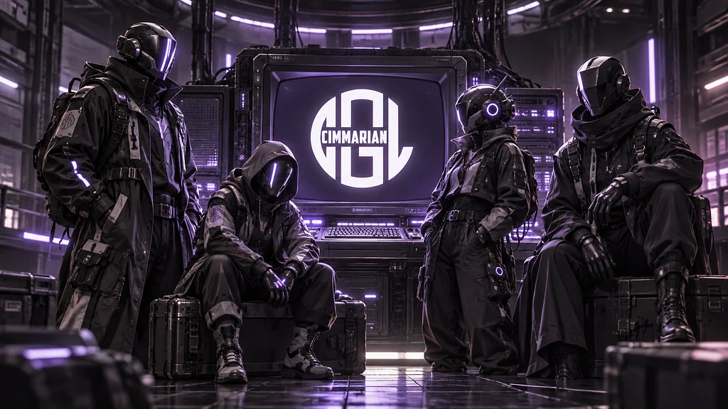 Four futuristic teammates gathered around a screen displaying the Cimmarian emblem.