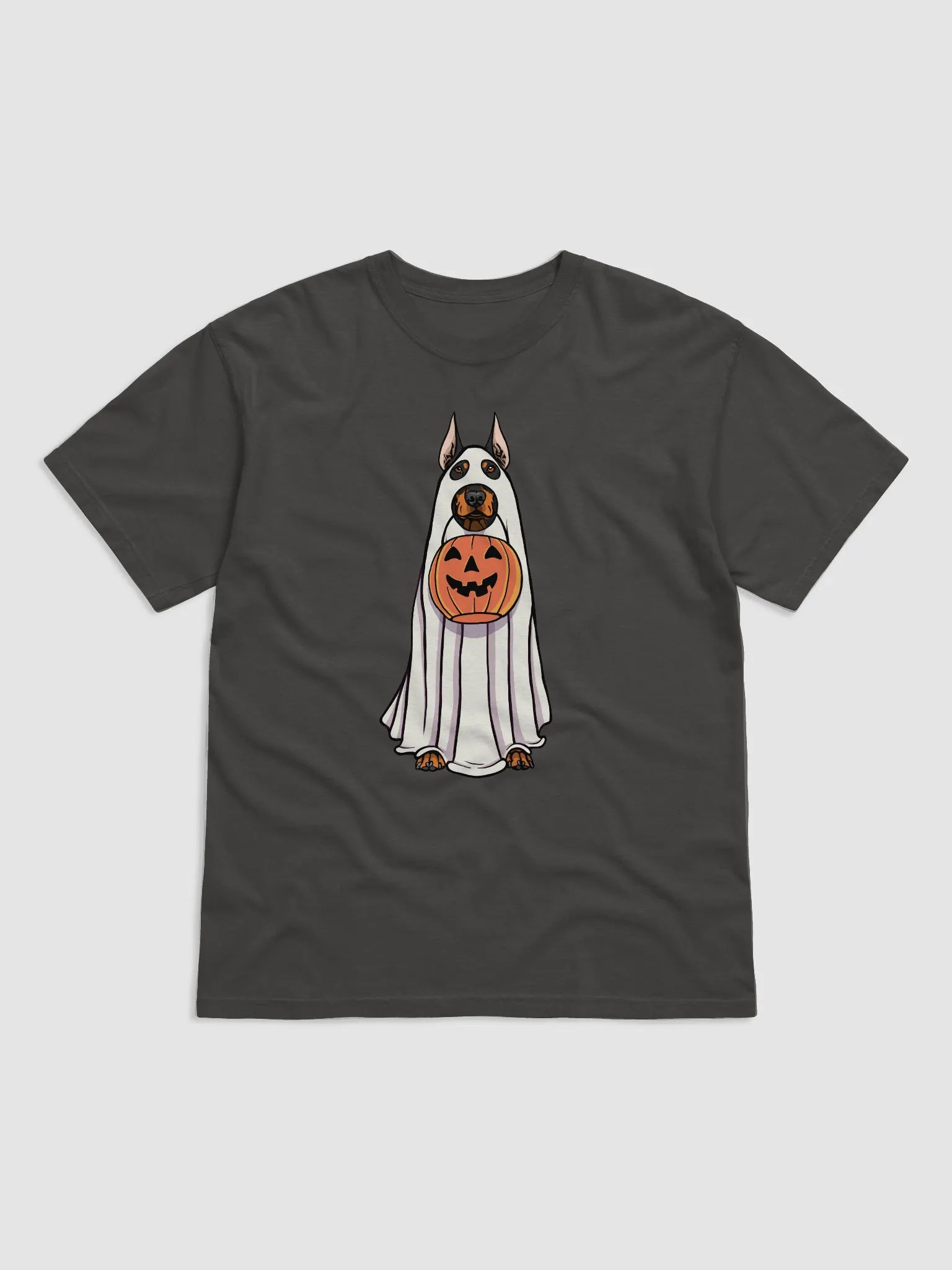 Funny Halloween Doberman T-Shirt | Funny Doberman Wearing a Ghost Costume and Holding a Pumpkin Basket product image (1)