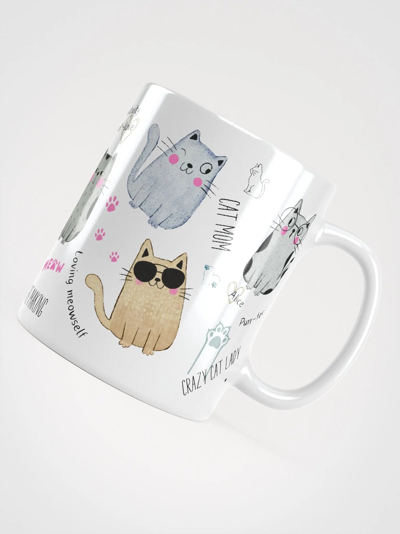 Hand-drawn ceramic cat coffee mug with motivational quotes for a crazy cat lady product image (5)