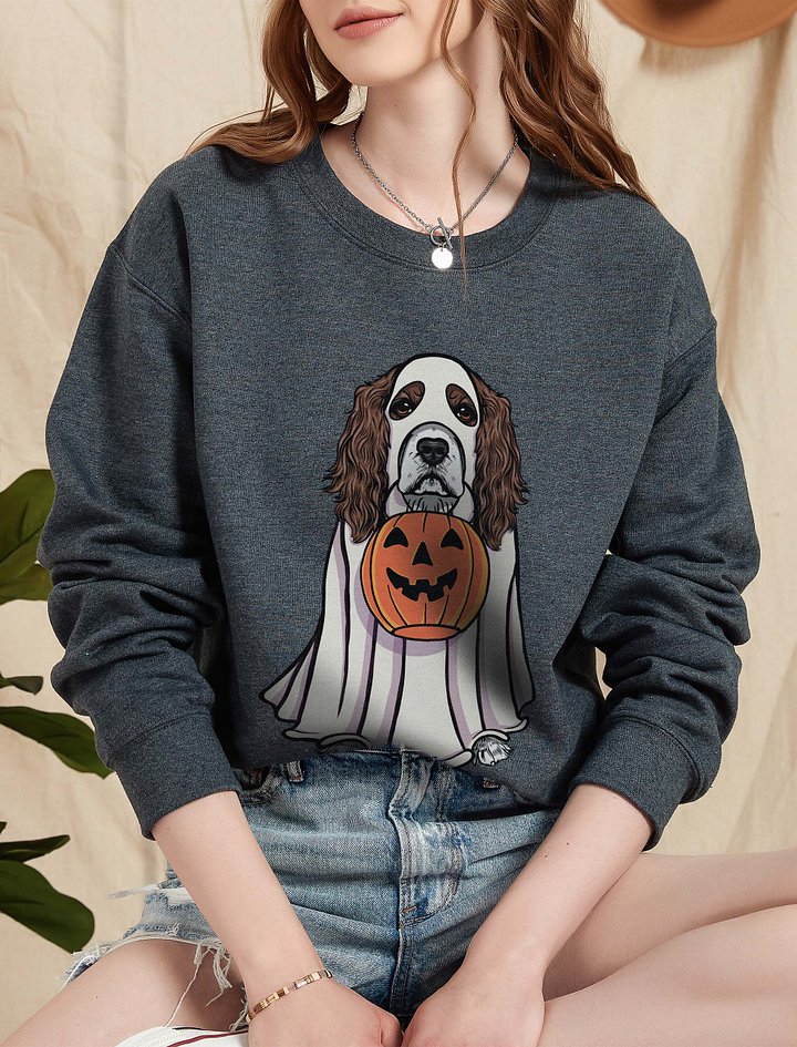 Funny Halloween Cocker Spaniel(Liver & White) Sweatshirt | Funny Cocker Spaniel Wearing a Ghost Costume and Holding a Pumpkin Basket product image (2)