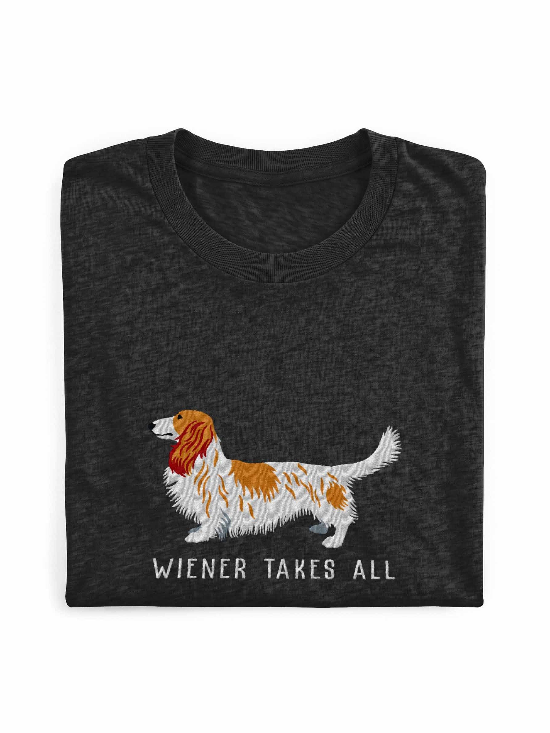 Wiener Takes All T-Shirt(Embroidered) of a Longhaired Dachshund(Pied Brown & White) product image (1)