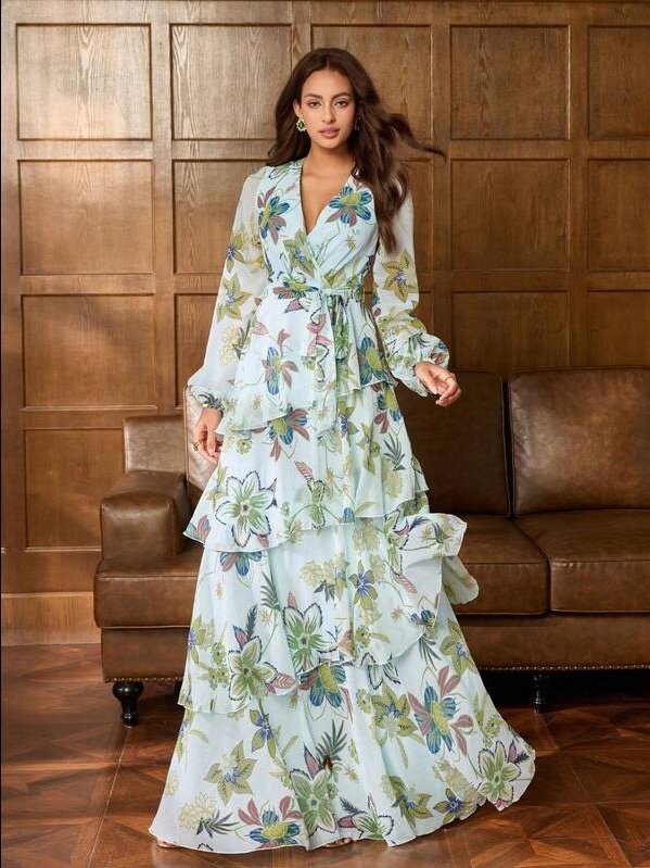 ADLEST Elegant Women's Crossed V-Neck Flare Sleeve Maxi Dress: Romantic Floral Print Dress, Layered Ruffle Hem product image (4)