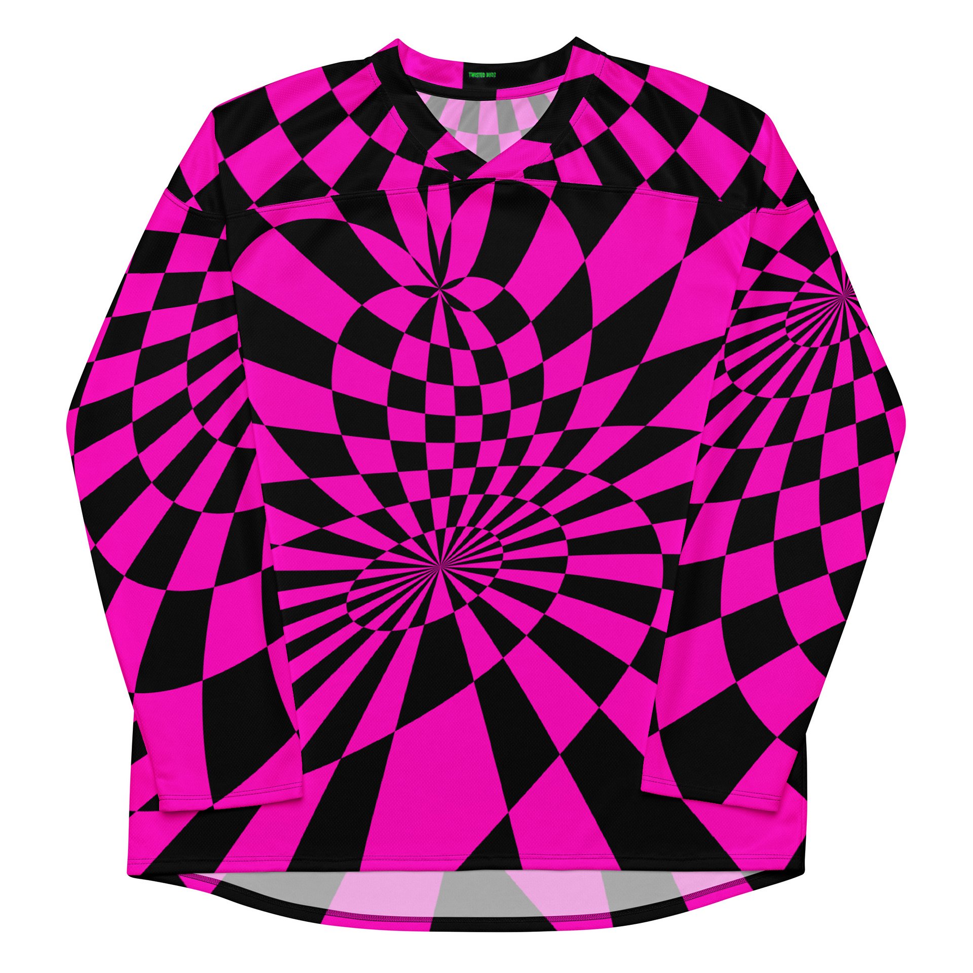 Trippy Techno Rave Hockey Jersey, Original Art EDM Shirt, Psychedelic Checkers Retro Top, Twisted Neon Pink Black Comfy Alternative Clothing product image (6)