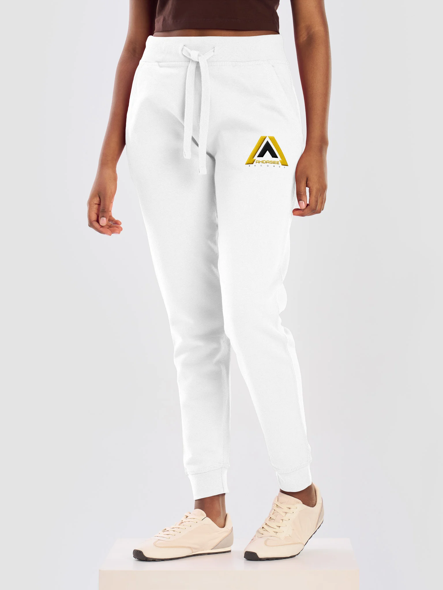 Ahdasee Records Official Logo Embroidered Joggers – White (Gold/Black) product image (6)