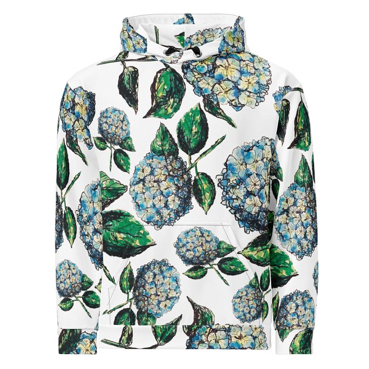 🌸 Coastal Bloom | Hydrangeas Repeat Pattern Hooded Sweatshirt | Monique Faella Designs™ | Unisex Floral Sweatshirt | Artful Botanical Fashion product image (1)