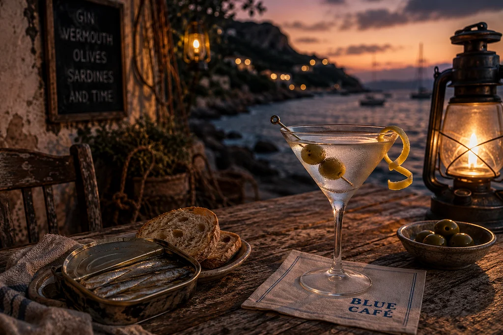 Martini with olives and a lemon twist beside sardines, bread, and a lantern at a rustic seaside café overlooking the coast at dusk.