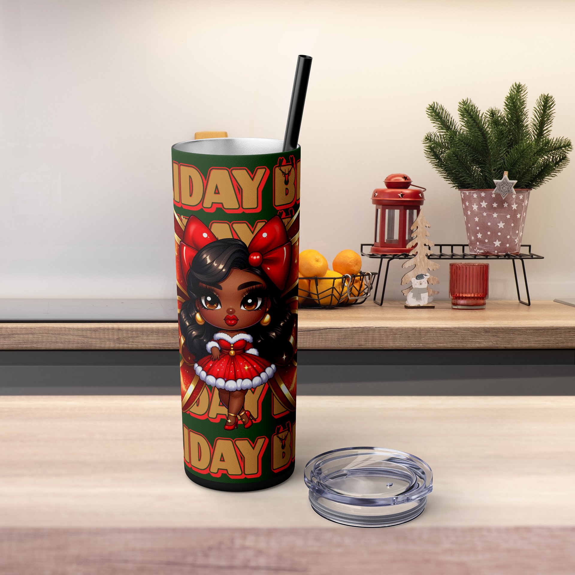 Holiday Bliss Christmas Tumbler Wrap Design, Festive Black Girl Clipart, Christmas Bow Sublimation PNG, Red and Green Holiday Cheer Art product image (5)