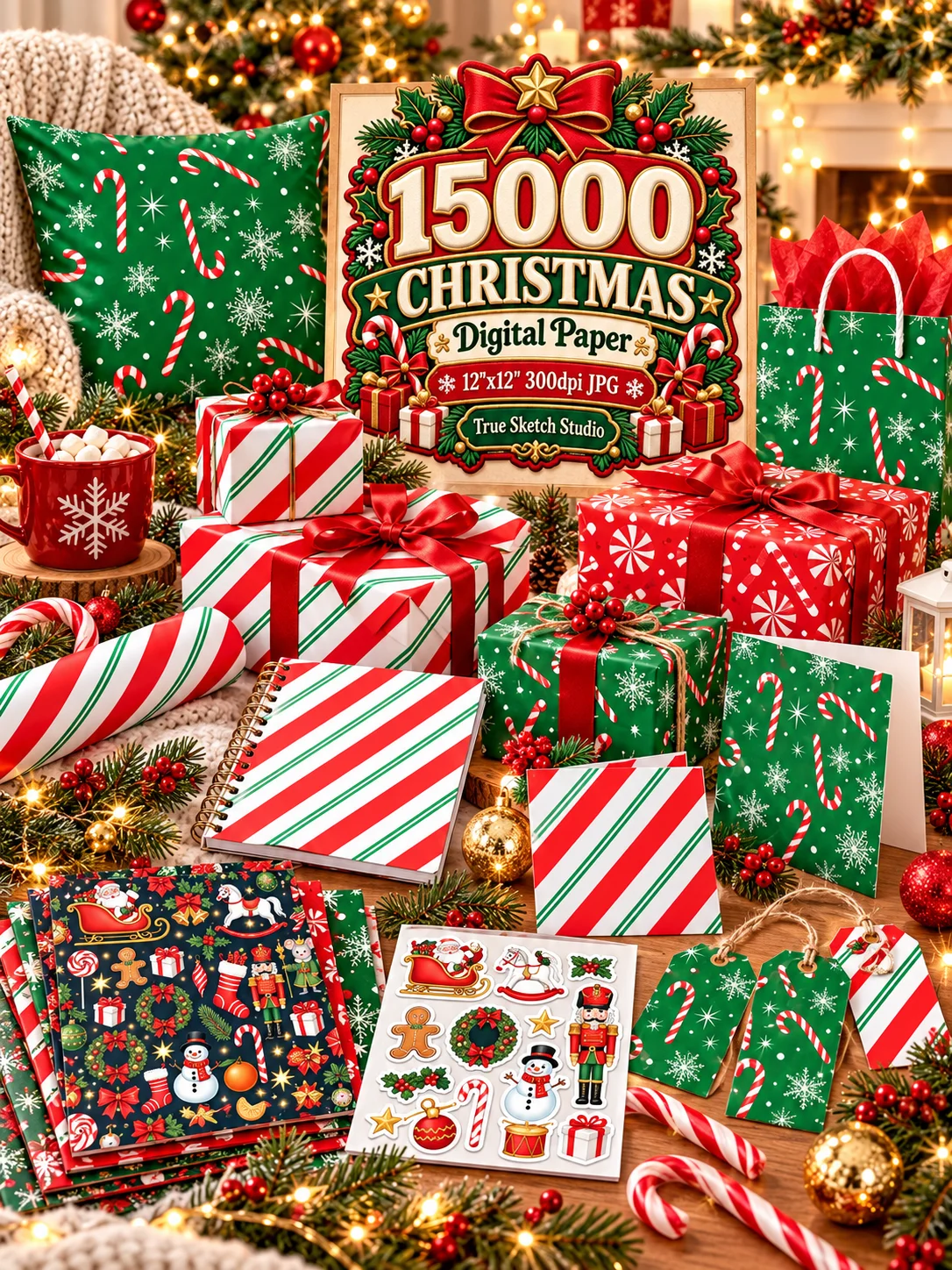 15000 Christmas Digital Paper Bundle, 12x12 JPG, Holiday Scrapbook Paper, Xmas Backgrounds, Printable Pattern Mega Bundle product image (8)