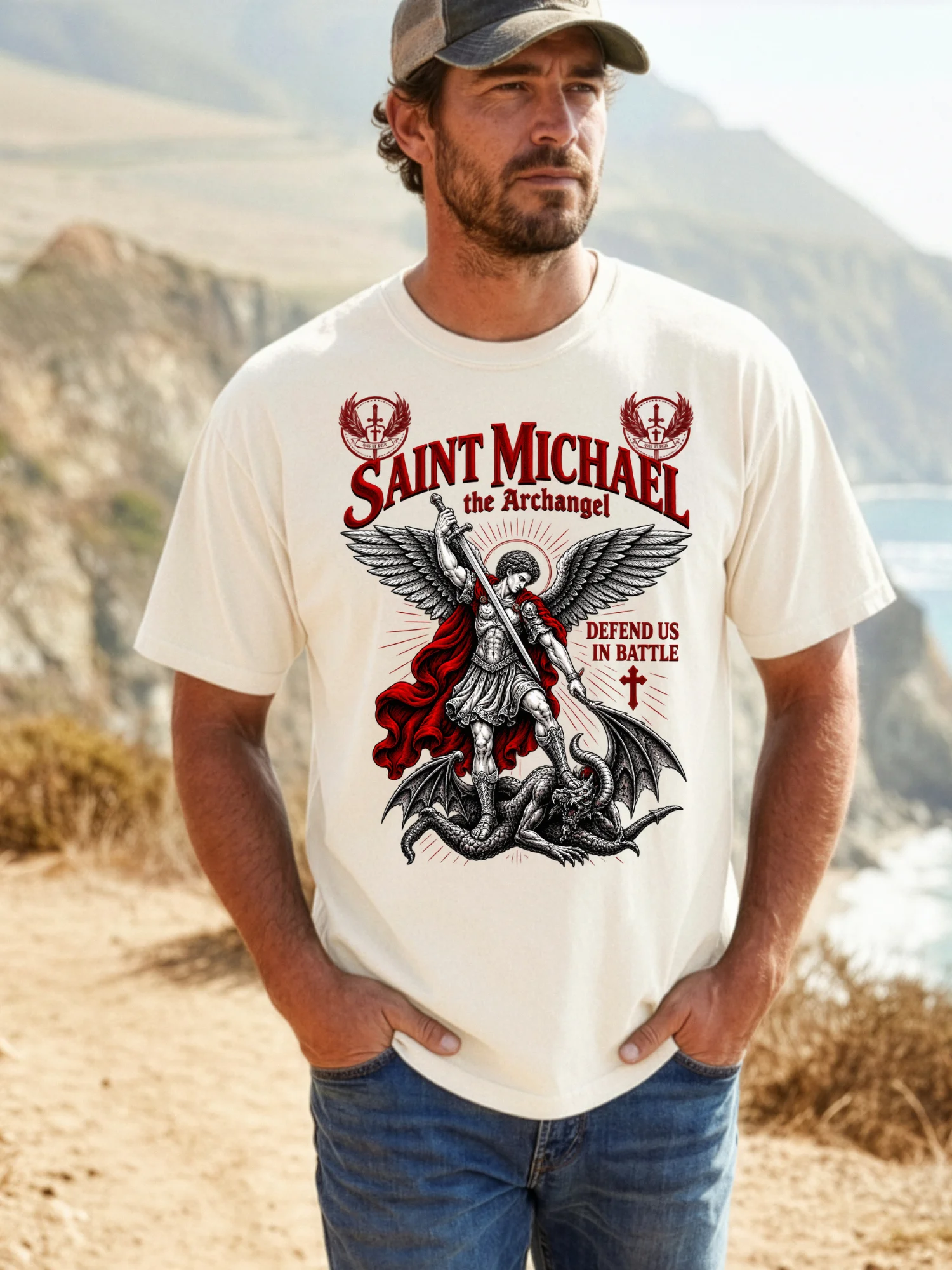 Saint Michael the Archangel T-Shirt | Defend Us in Battle Christian Catholic Faith Shirt | Archangel Michael Religious Gift | Kingdom Life Co. product image (1)