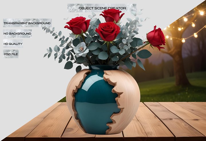 Intricate Carved Wooden Vase with Red and White Roses PNG product image (2)