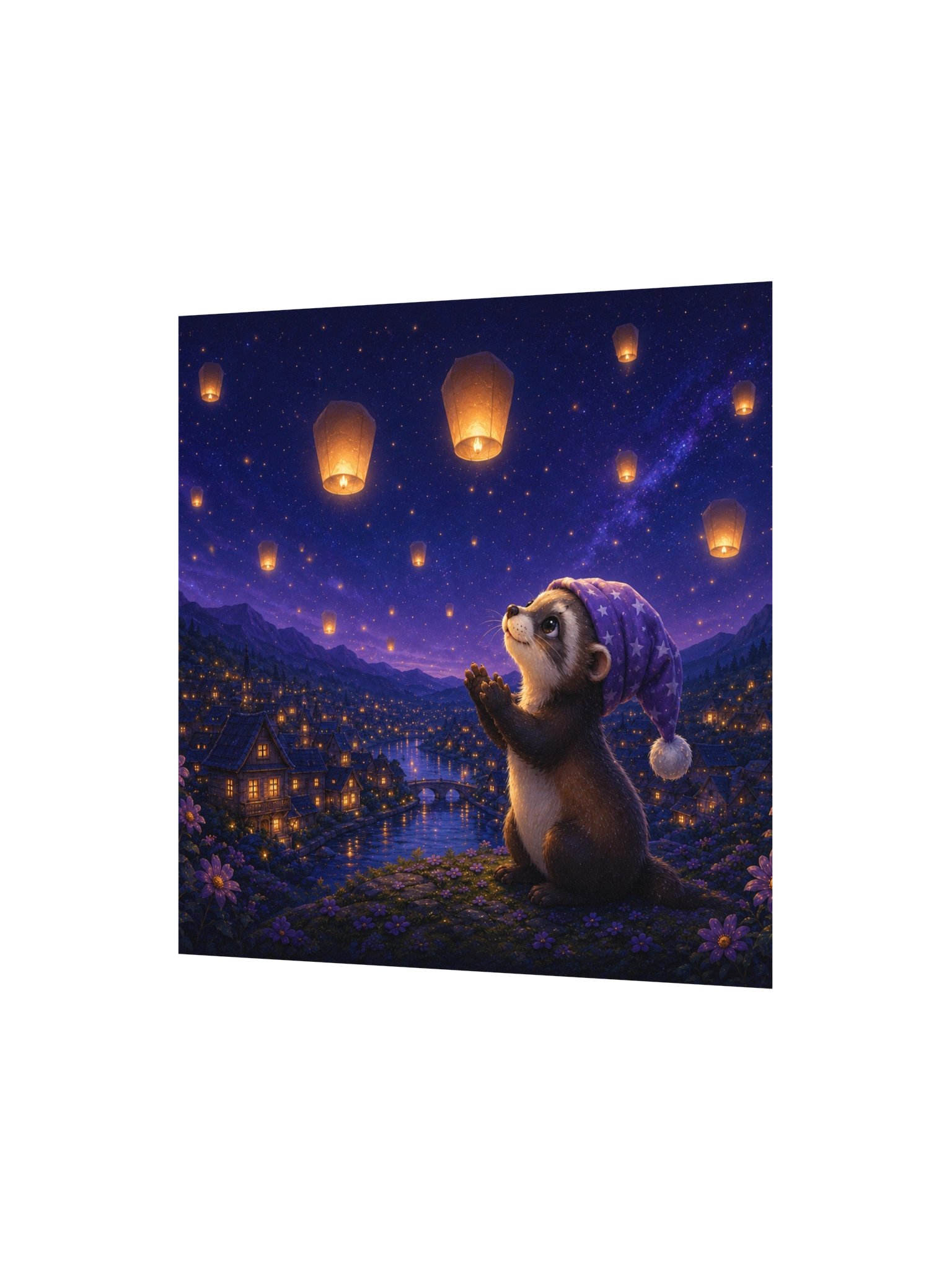 Lantern Wishes Ferret Square Art Print | Moonlit Dreams product image (2)