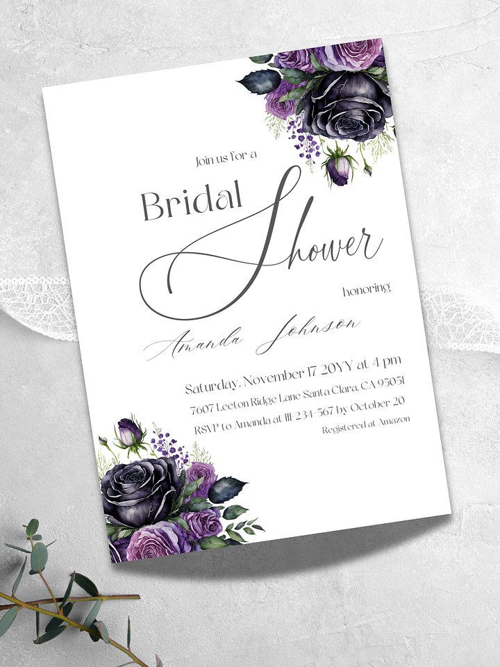 Rustic Bridal Shower Invitation, Black Rose Floral Wedding Shower Invite Canva Template, Printable Garden Party Theme Idea, Digital Download product image (1)