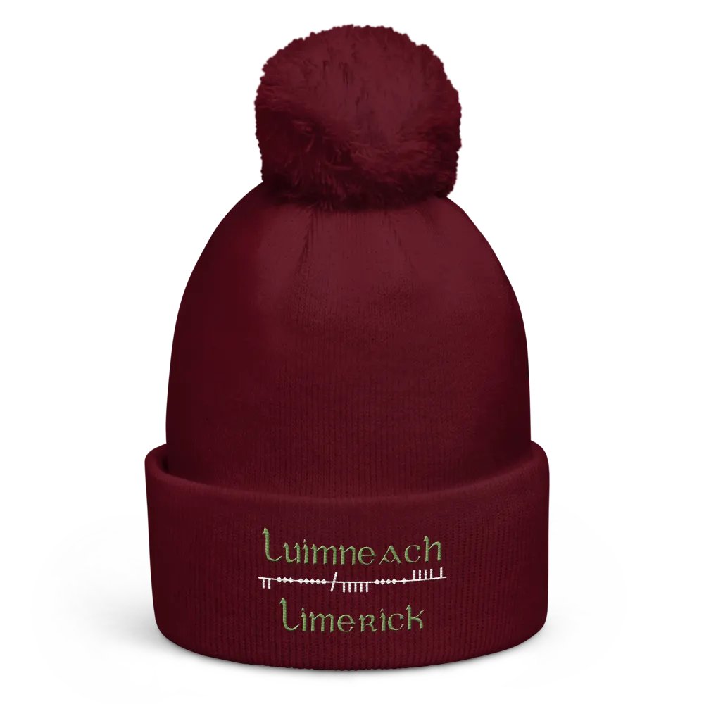 Limerick/Luimneach Scholastic style Ogham embroidered Pom-Pom Beanie product image (4)