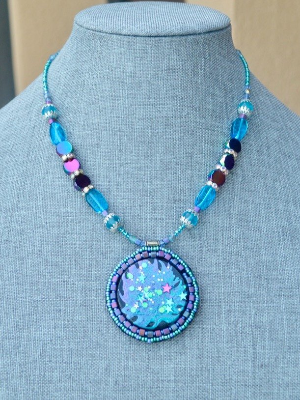 Sparkly Blue and Silver Handmade Beaded Pendant Necklace With Stars and Shimmer - Wearable Art product image (2)