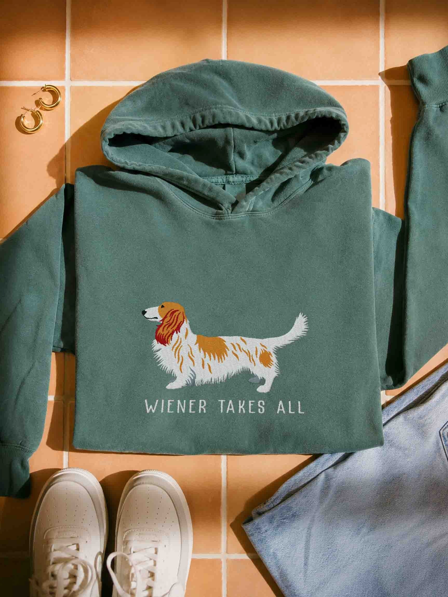 Wiener Takes All Premium Hoodie (Embroidered) of a Longhaired Dachshund(Pied Brown & White) product image (1)