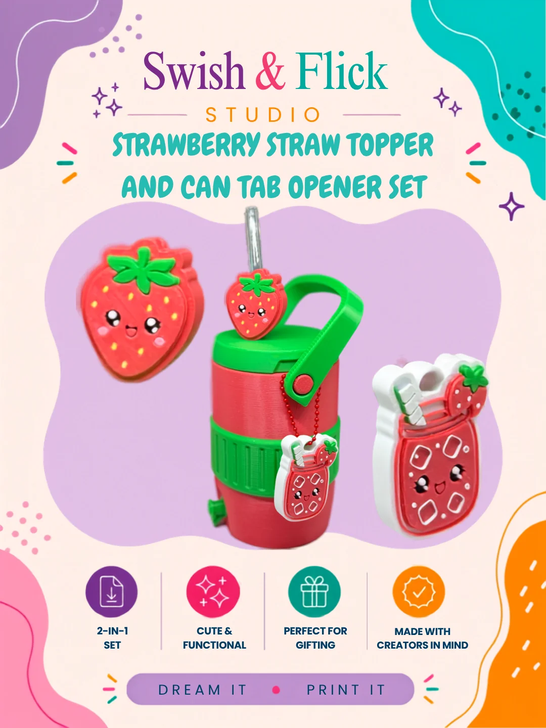 Strawberry Straw Topper & Can Tab Opener Set | 2 Straw Sizes Included | Cute Kawaii Summer Drink Accessory | 3MF Digital File product image (1)