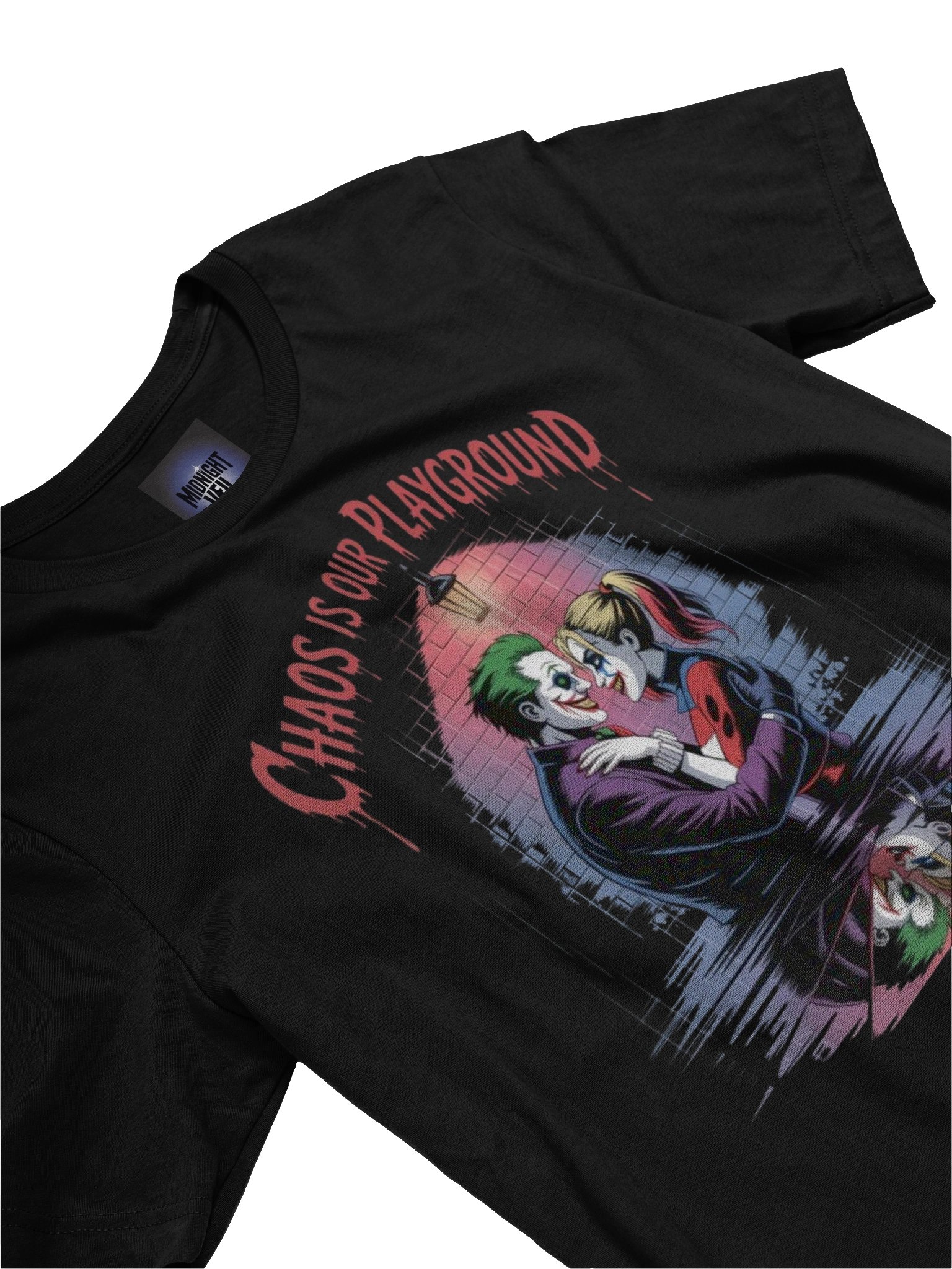 Chaos is Our Playground: Joker & Harley Quinn's Sinister Embrace Graphic Tee product image (5)