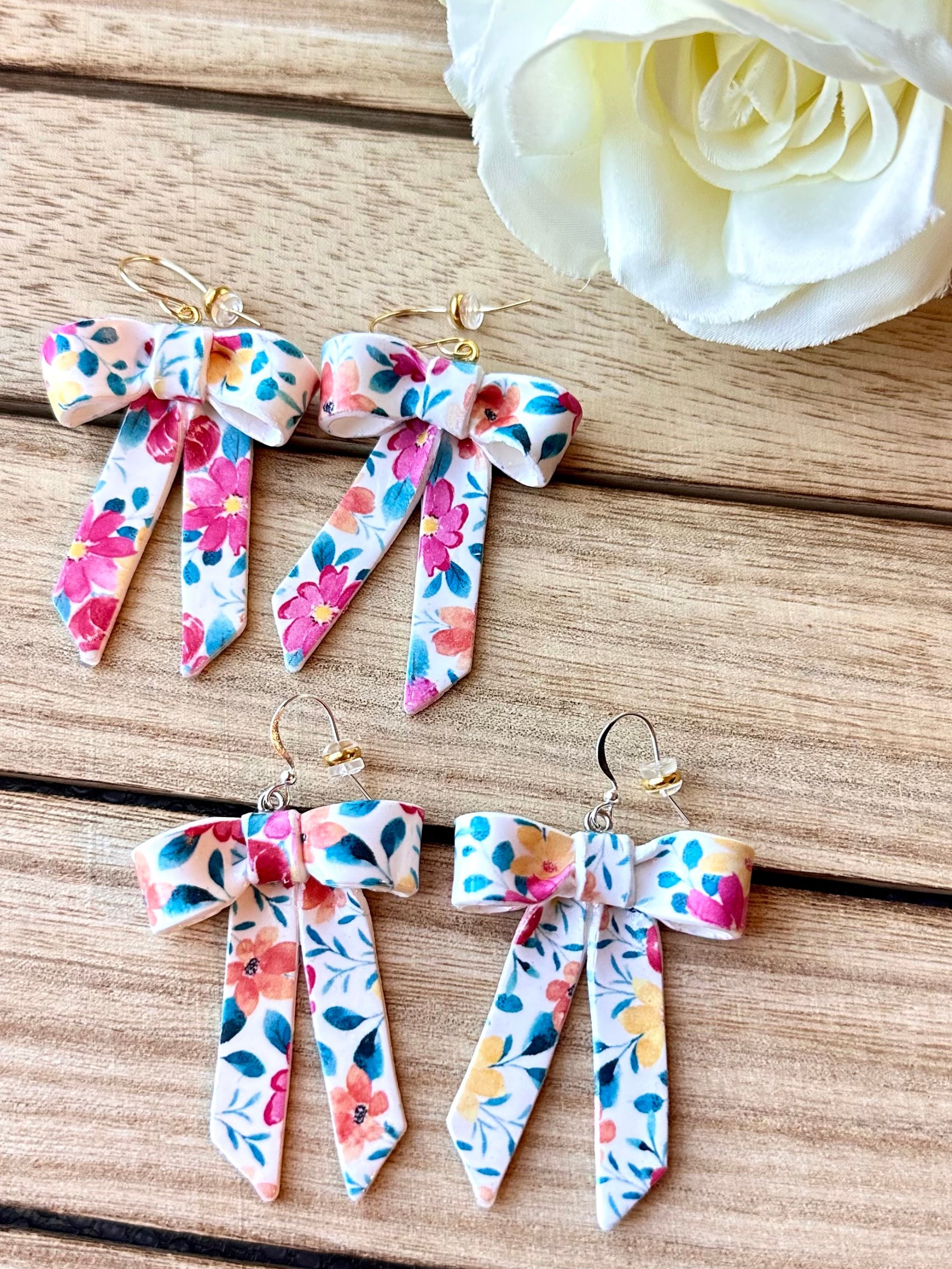 Floral Ribbon Bow Earrings – Handmade Clay Statement Dangles product image (3)