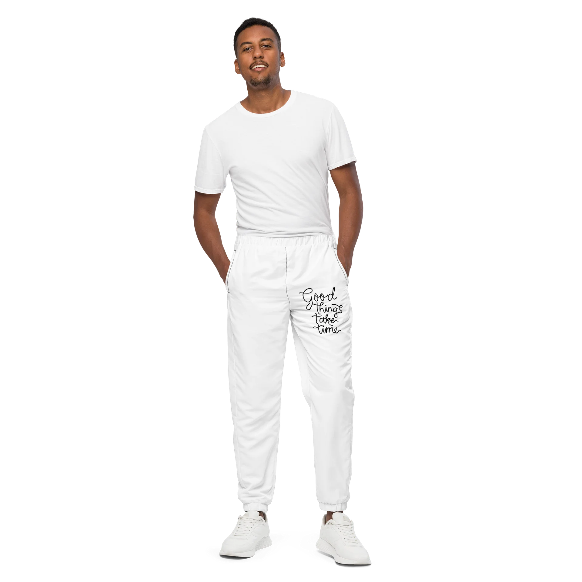 "Good Things Take Time" Joggers – White Oversized Motivational Streetwear Sweatpants with Script Leg Graphic product image (1)