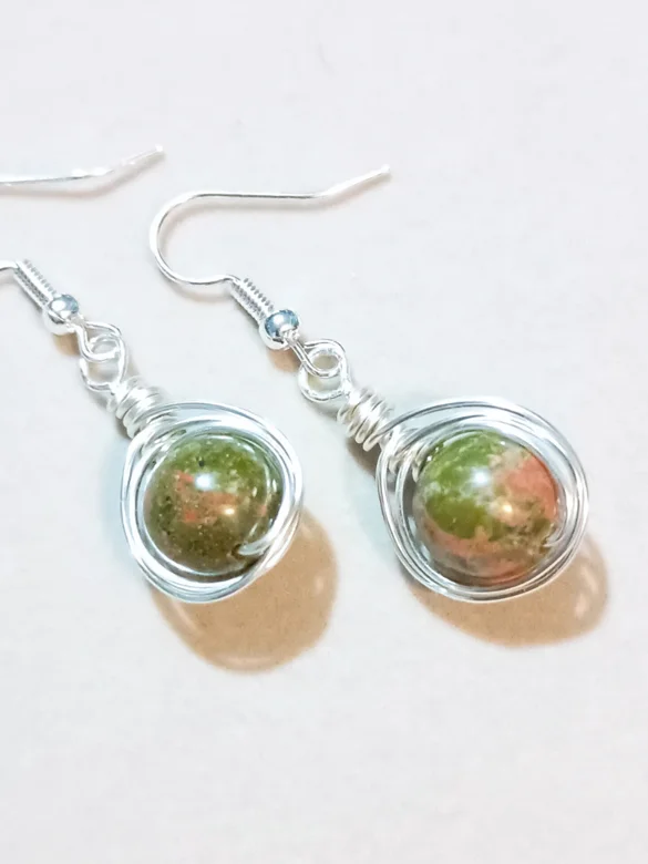 Hand-Woven Unakite Earrings | One-of-a-Kind, Silver-Tone | "Harmony Drops" product image (1)