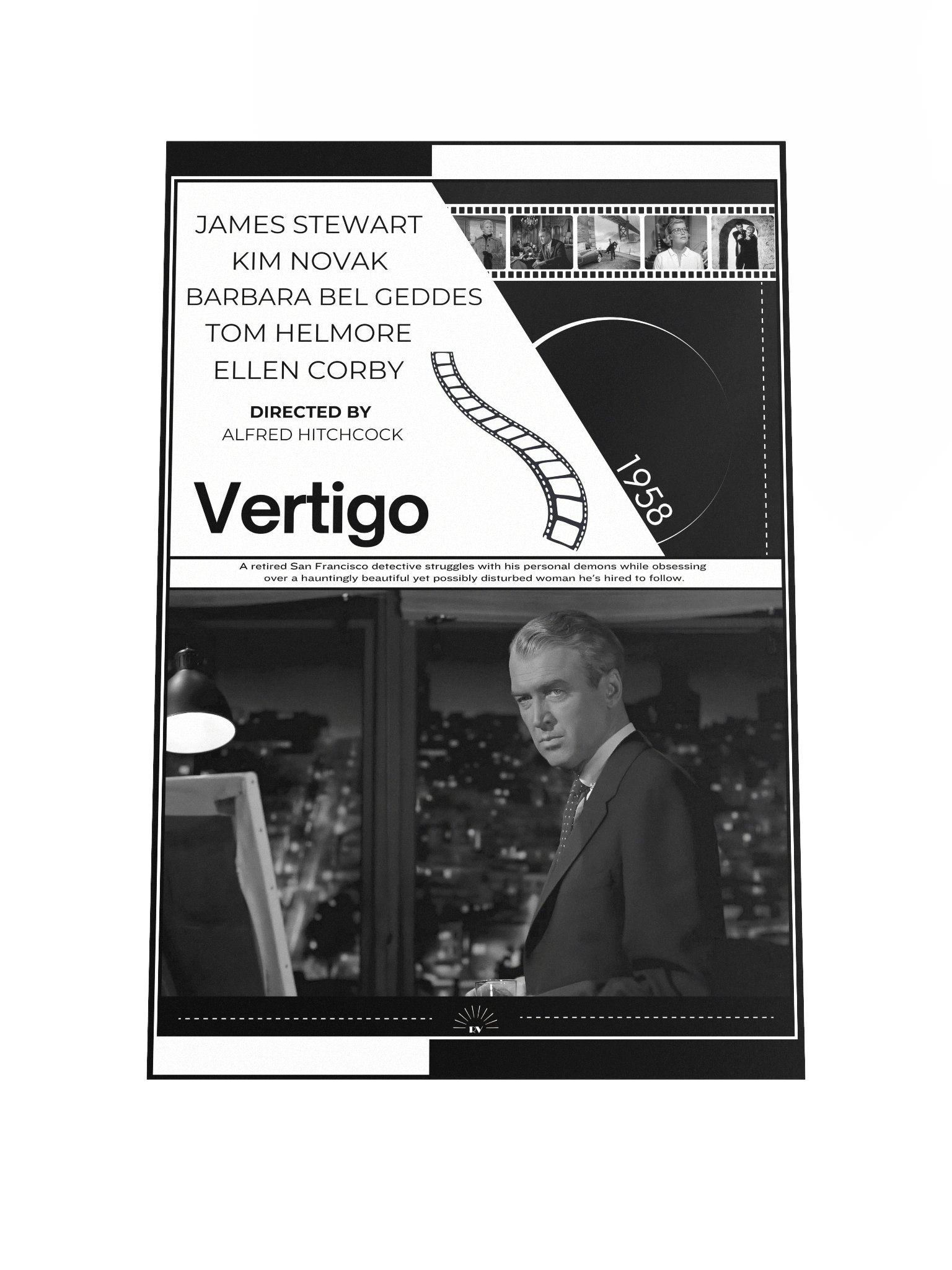 Vertigo with James Stewart and Kim Novak 1958 | Movie Poster | 12x18 Wall Art product image (1)