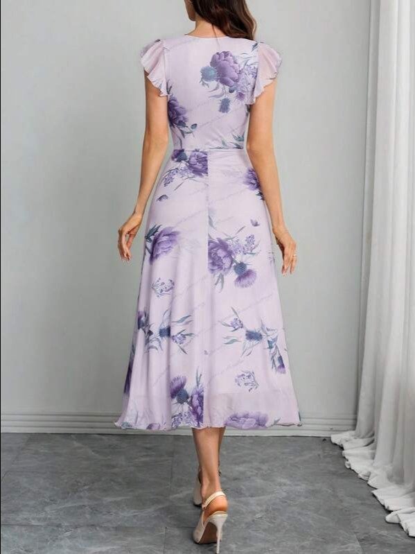 Women's Gothic Elegant Romantic Floral Print Mesh V-Neck Waist Dress, Suitable For Vacation And Dates Summer product image (3)