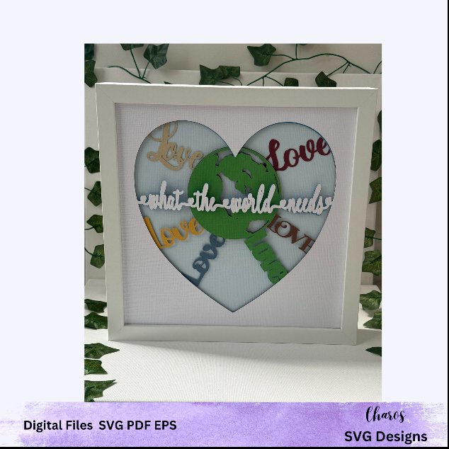 3D SVG 'What The World Needs' Heart-Shaped Earth Embraced by Love Layered Shadow Box Design product image (1)