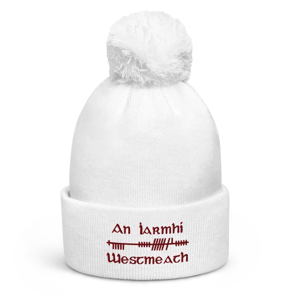 Westmeath/An Iarmhí, Orthodox style Ogham, white with maroon, embroidered Pom-Pom Beanie product image (1)