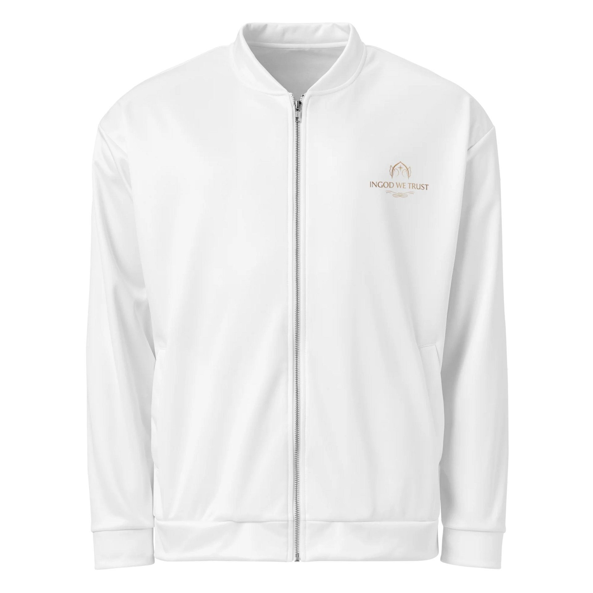 "Quiet Assurance" Bomber Jacket – Minimalist White Jacket with Embossed Faith Motif product image (1)