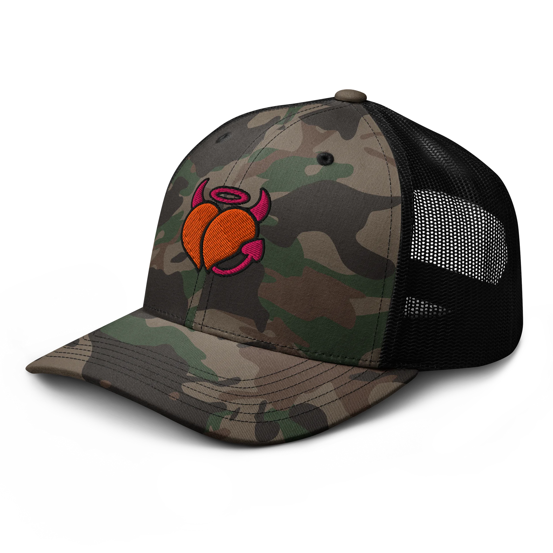 Booty Demon Peach Horns Women's Camo Embroidered Trucker Hat product image (6)