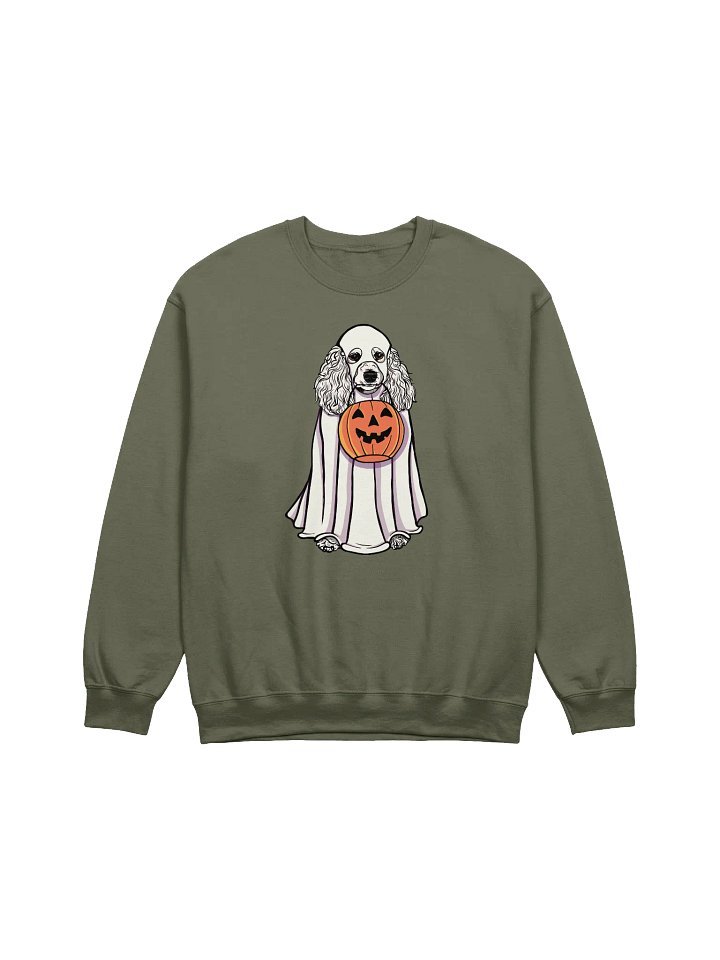 Funny Halloween Poodle(White) Sweatshirt | Funny Papillon Wearing a Ghost Costume and Holding a Pumpkin Basket product image (1)