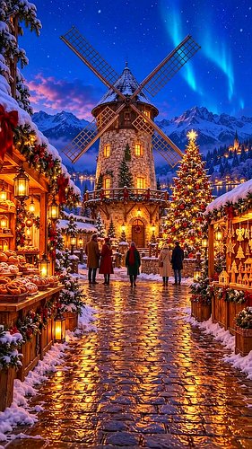 A Snowy Windmill Village Wrapped in Christmas Lights ✨