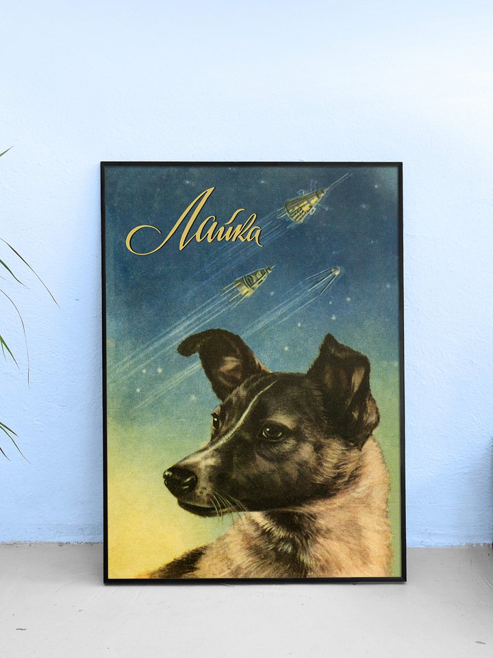 Laika, first space dog, USSR — Soviet vintage space art poster product image (1)