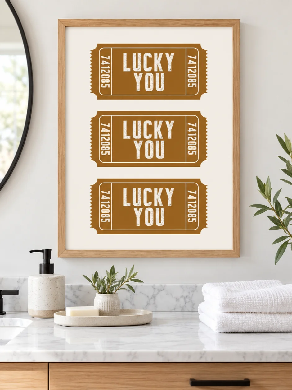 Lucky You Ticket Poster, Mustard Ochre Typography Wall Art, Retro Ticket Print, Cream Earth Tone Art, Printable Quote Art, Vintage Art Print product image (2)