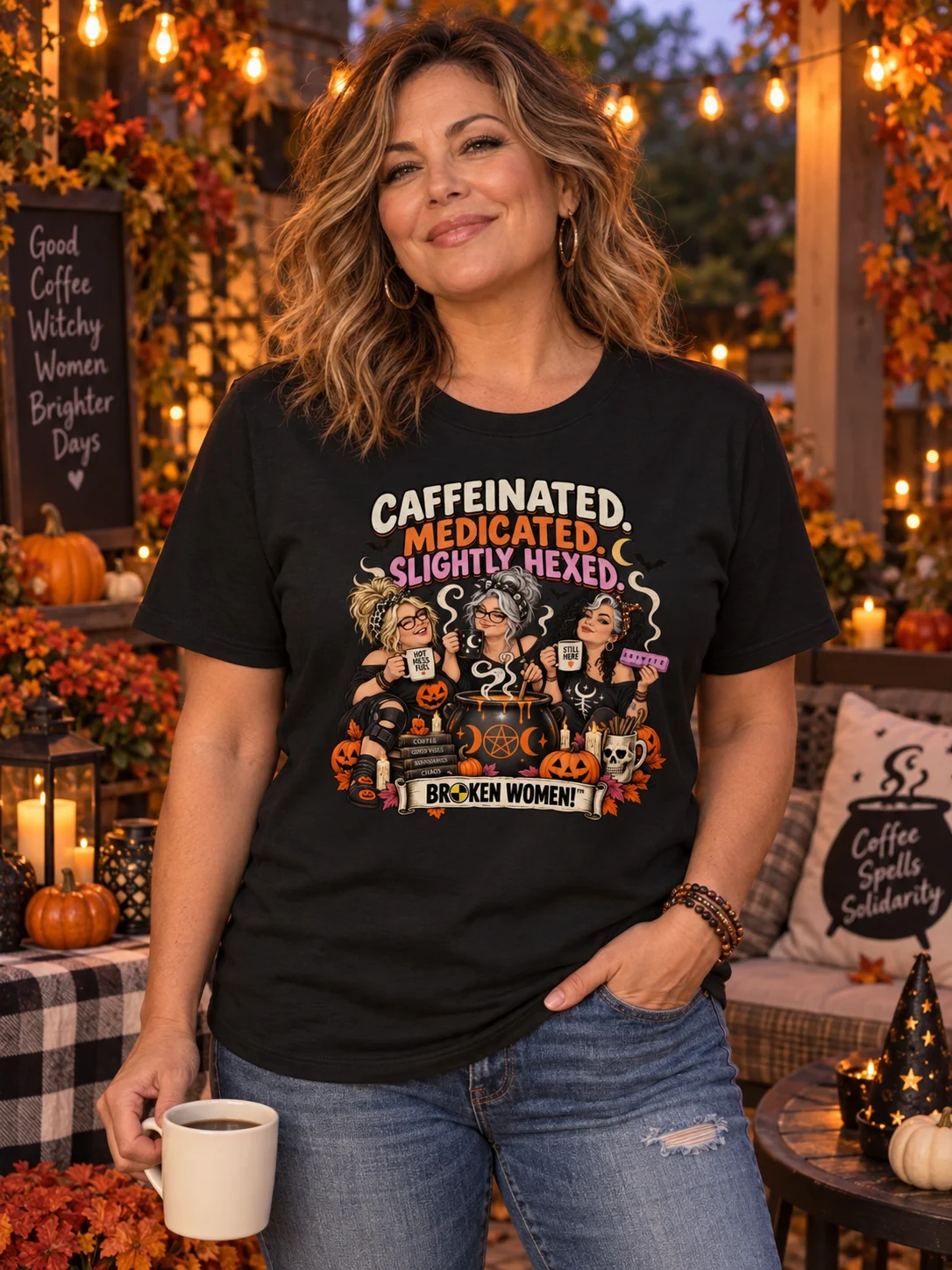 Funny Halloween Witch Shirt — Caffeinated, Medicated, Slightly Hexed | Broken Women!™ product image (1)