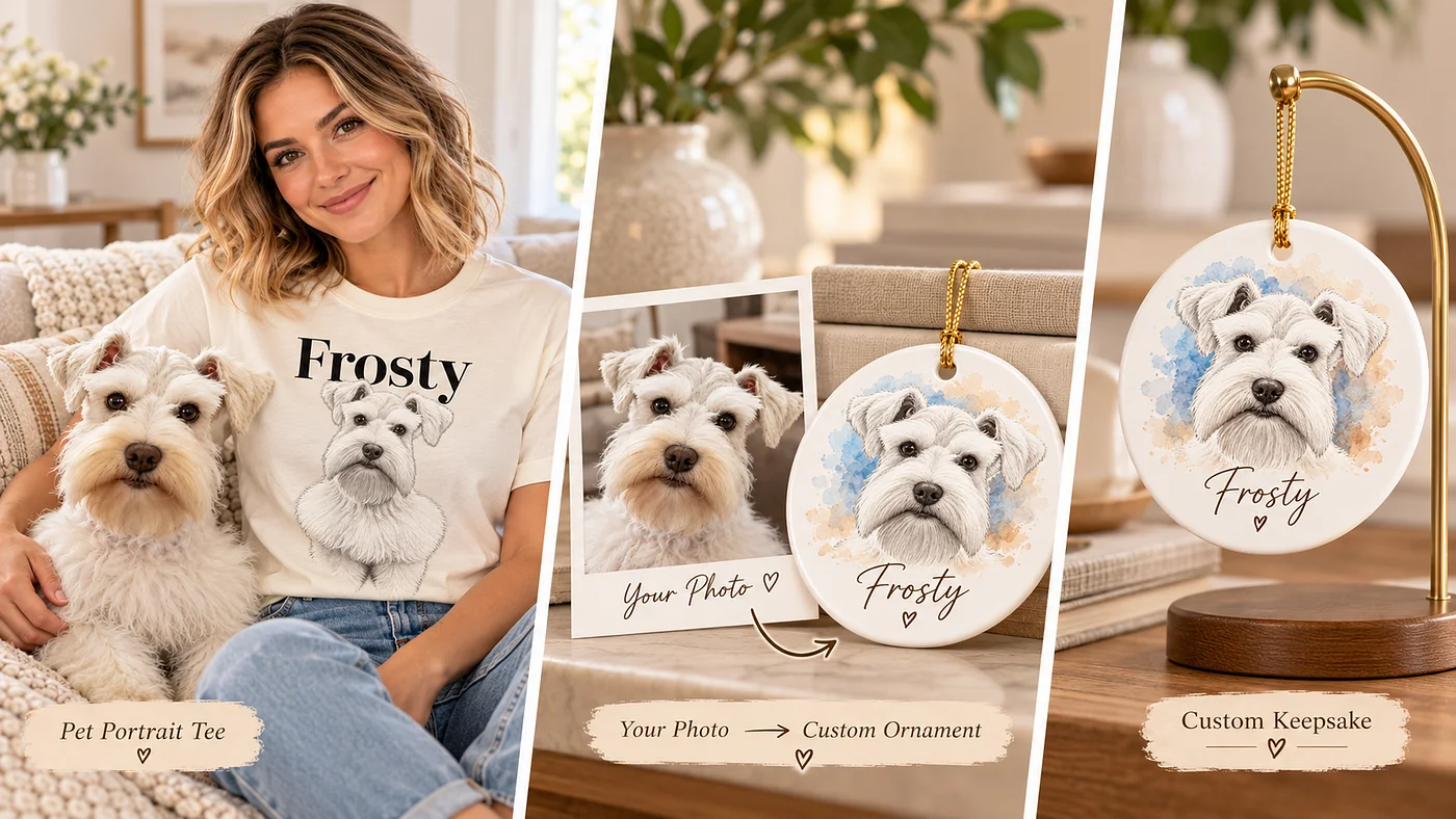 Personalized pet photo gifts including a custom portrait T-shirt and pet ornament