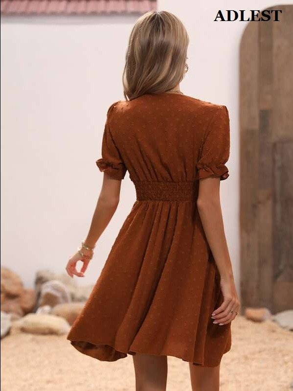 Breezaya Swiss Dot Puff Sleeve Ruffle Detail Shirred Waist A-Line Dress Burgundy Color Women Outfit product image (6)