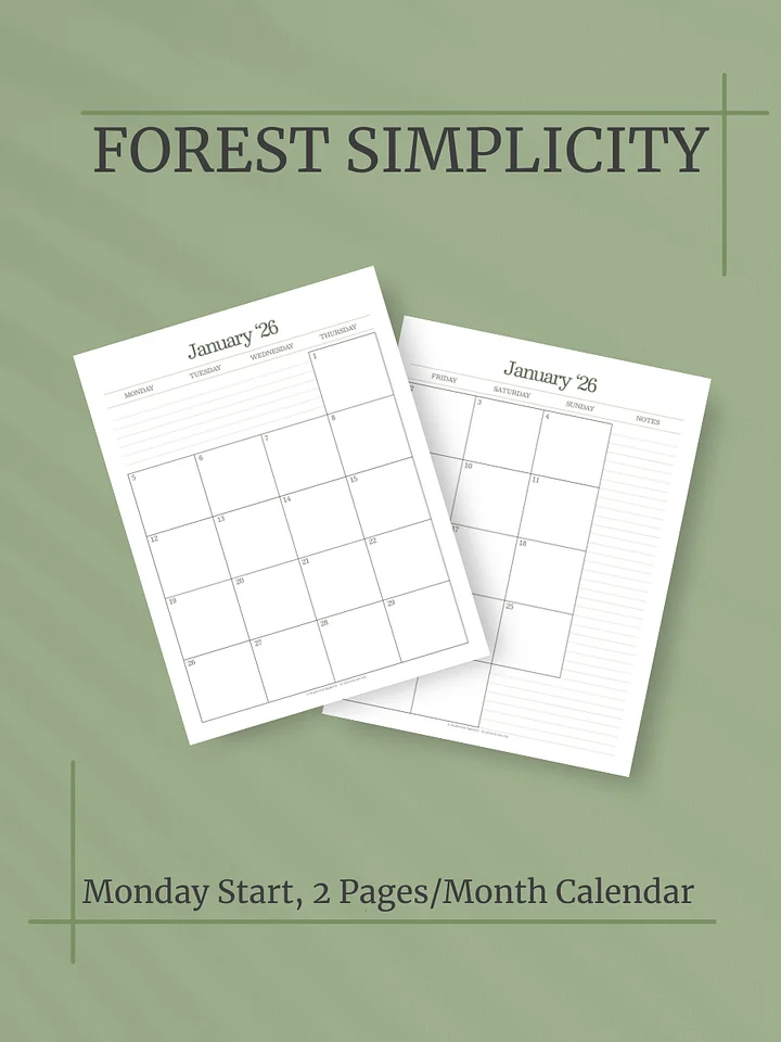 Forest Simplicity 2026 Calendar - 2 Pages per Month, Monday Start, Letter Size product image (1)