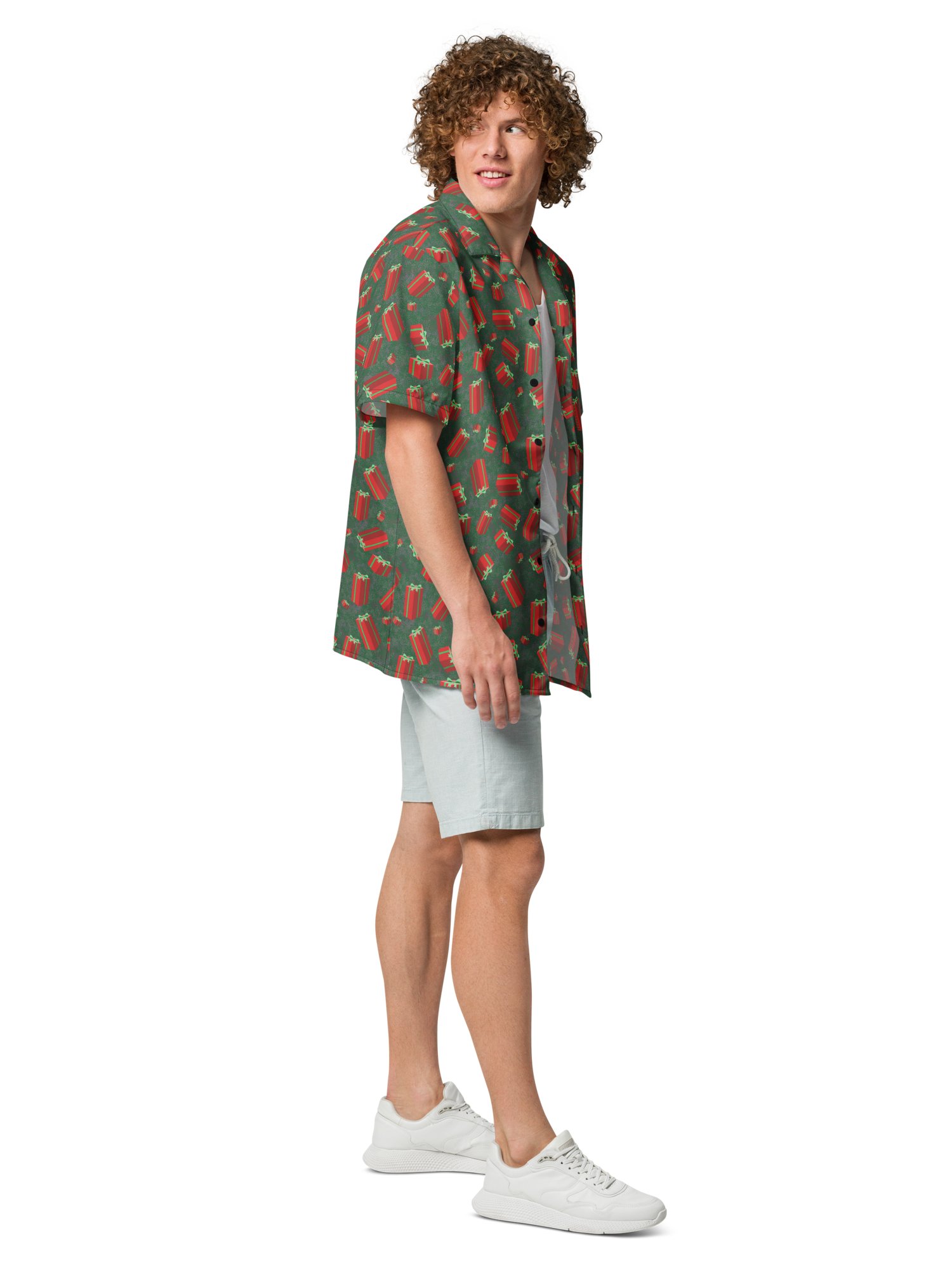 Floating Red Presents on Teal Green Oversized Button-Down Shirt product image (7)