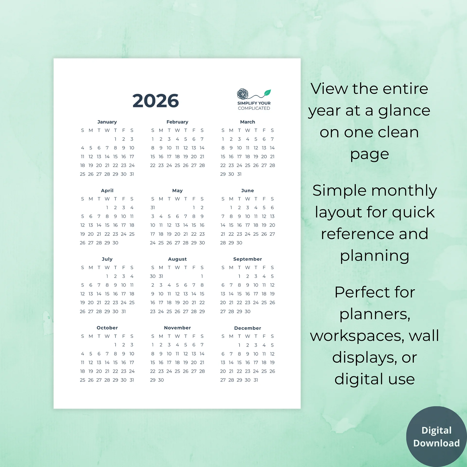 2026 One-Page Calendar product image (2)