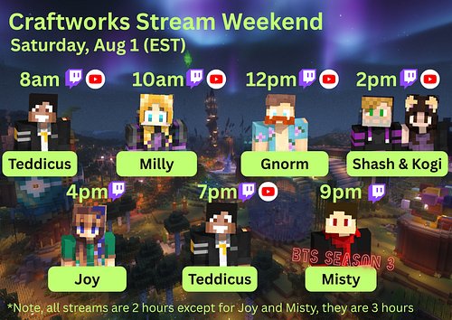 CraftWorks SMP is ending Season 3 with a Stream weekend!! Come hang out with us as we say goodbye to the server, play games, ...