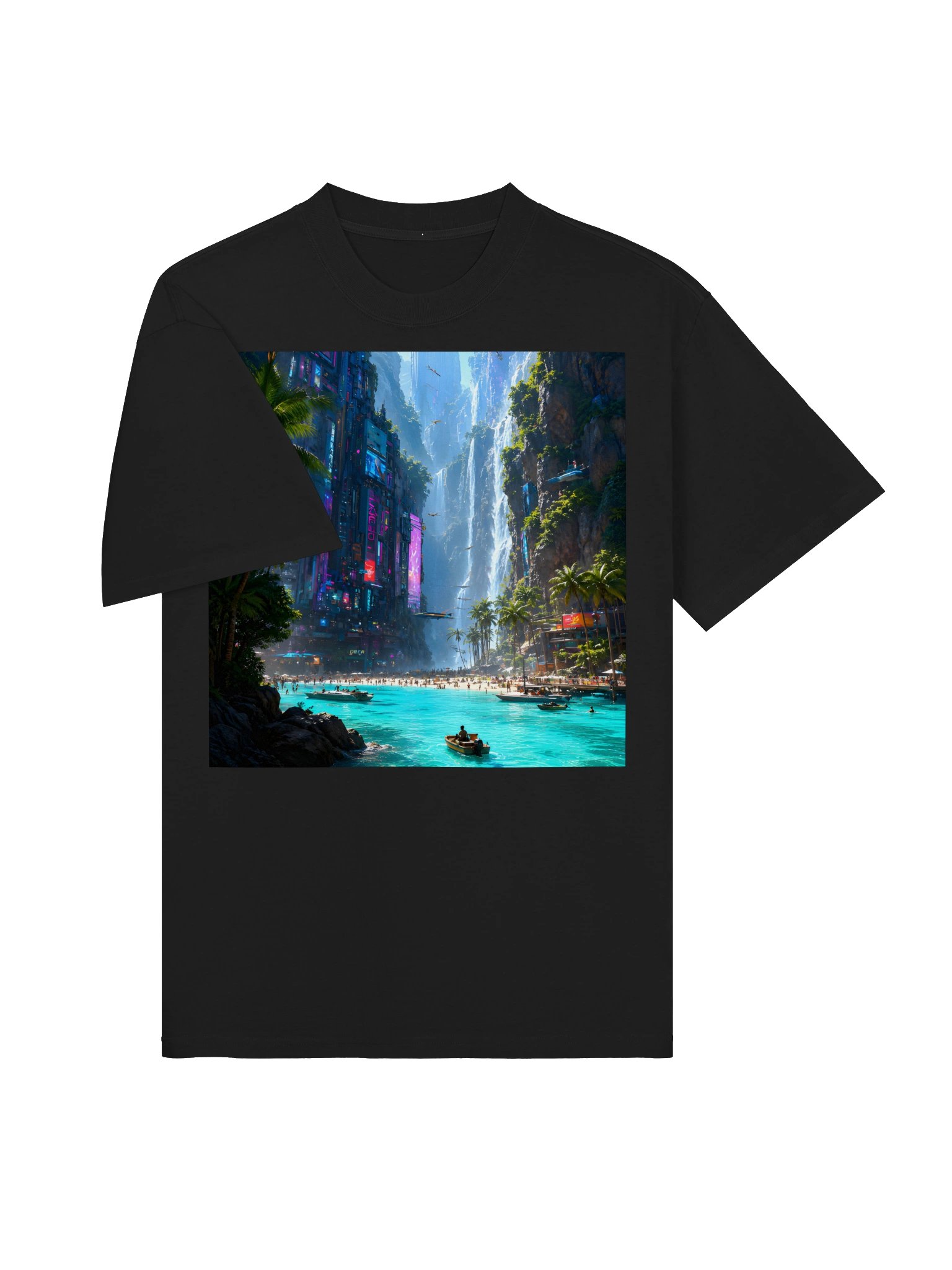 Cyberpunk Tropical Paradise T-Shirt – AS Unisex Oversized Heavyweight Futuristic Beach Tee product image (4)