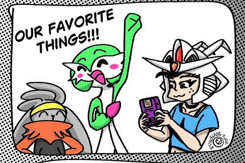 Kat lets her pokemon Rabi and Gardi share about their interests:]